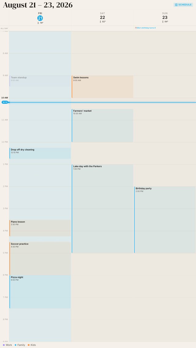 Three-day schedule dashboard, portrait