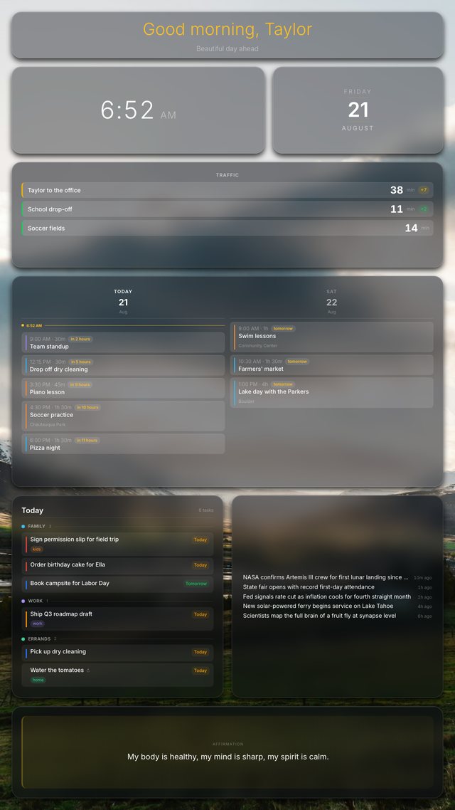 Morning briefing dashboard, portrait