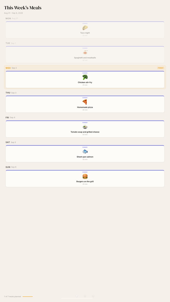 The Full-Screen Meal Planner on the wall, showing the week's dinners.