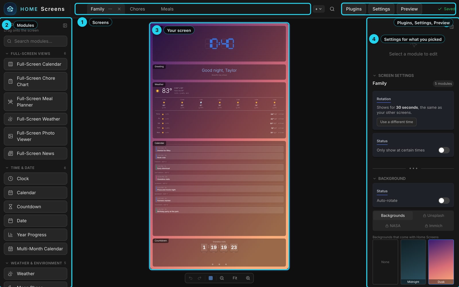 The editor with its five areas numbered: screens, modules, your screen, the settings panel, and the toolbar buttons.
