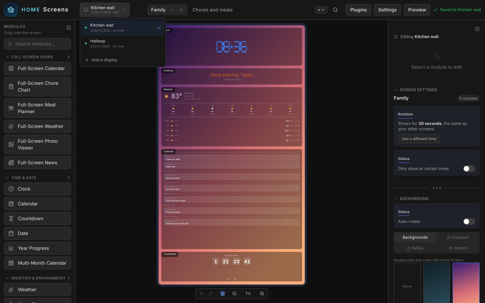 The display switcher in the editor toolbar, open, listing Kitchen wall and Hallway.