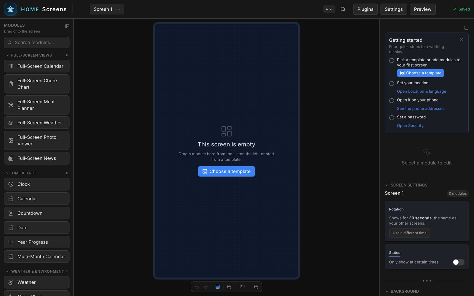 A brand-new editor: the empty screen offers "Choose a template" and the panel on the right shows the first-run checklist.