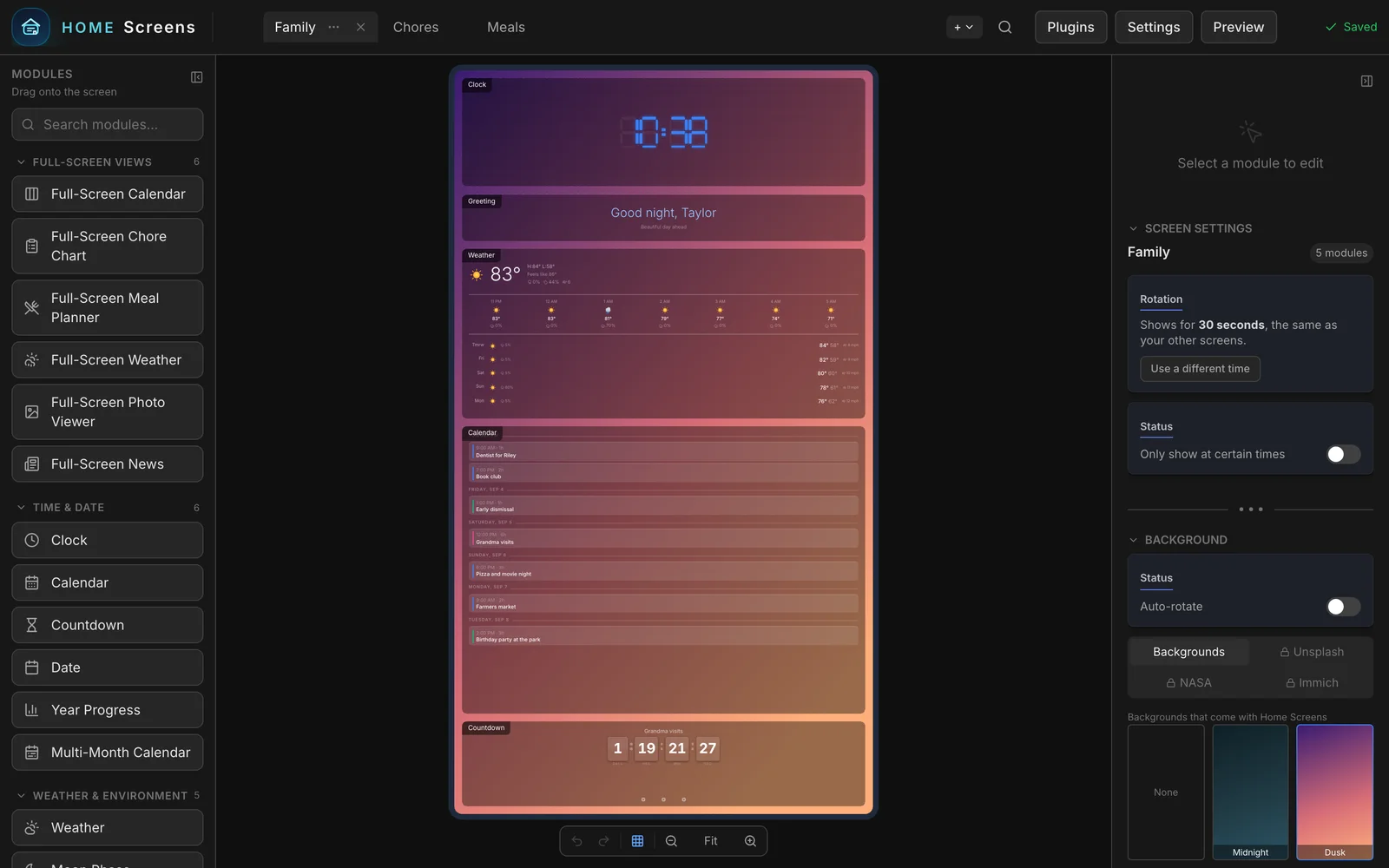 The Home Screens editor with a family dashboard on the canvas: clock, greeting, weather, calendar and a countdown.