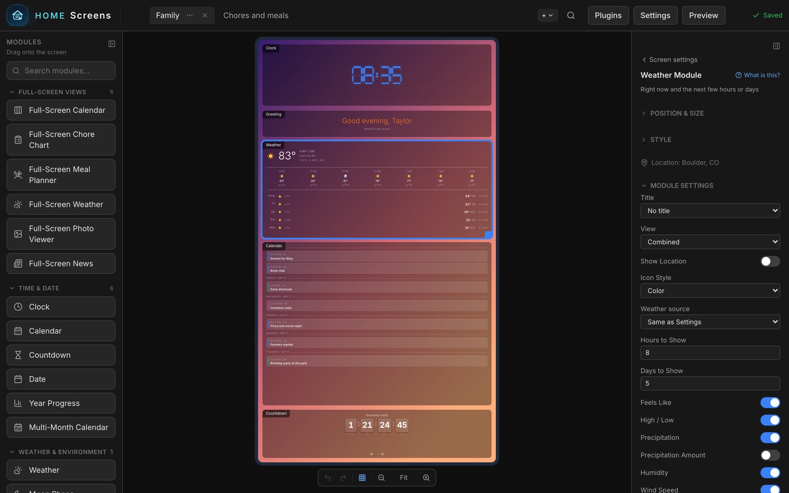 A weather module selected on the canvas, with its settings open in the panel on the right.