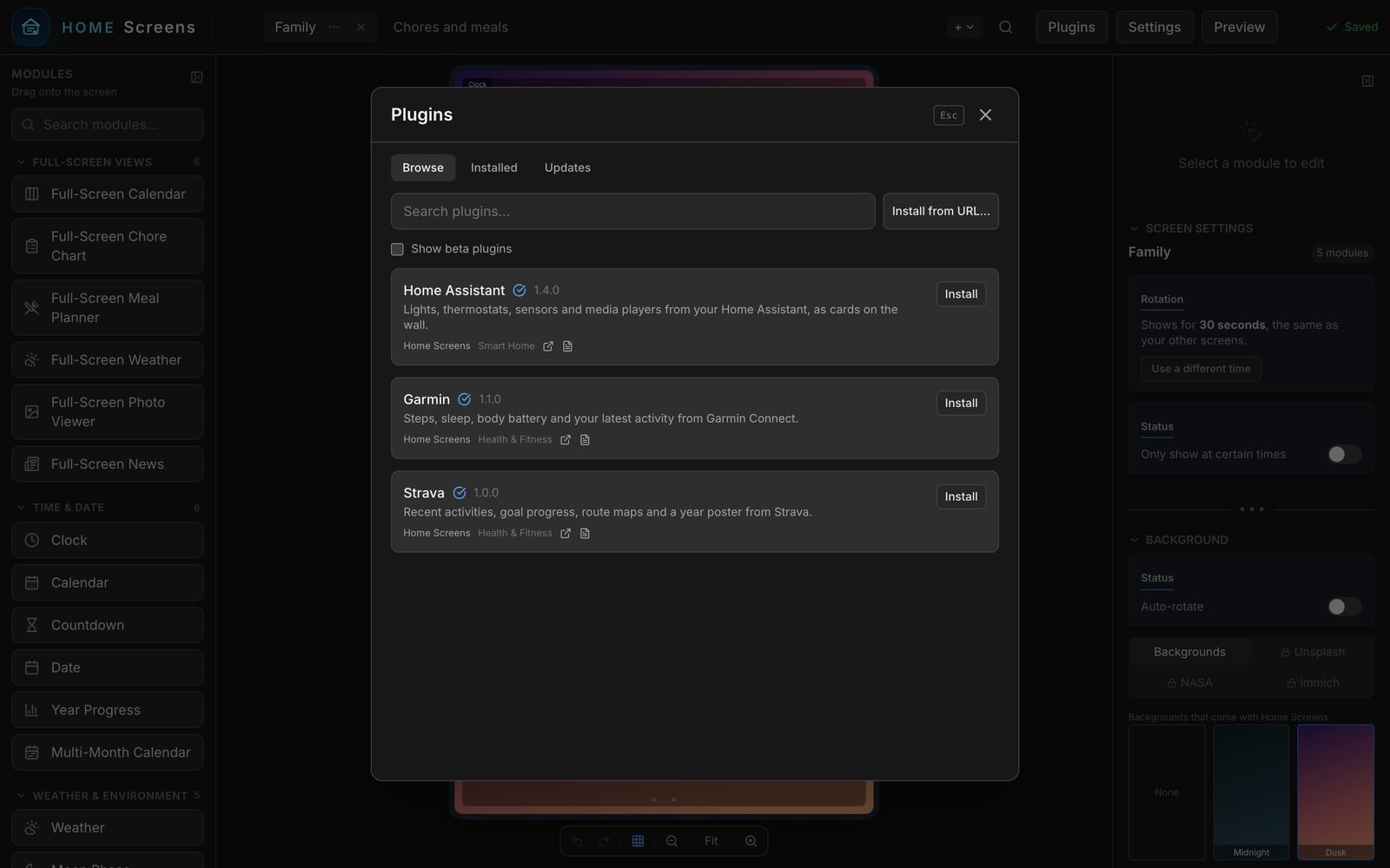 The Plugins browser with Home Assistant, Garmin and Strava available to install.