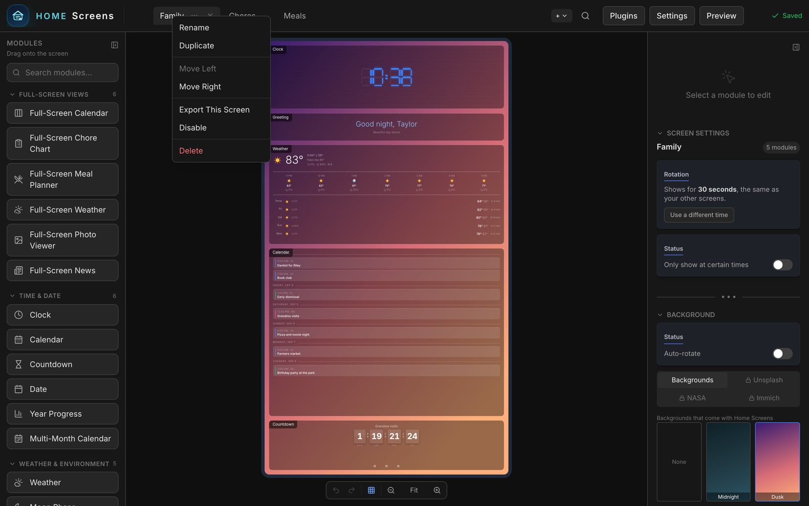 The menu that opens when you right-click a screen tab.