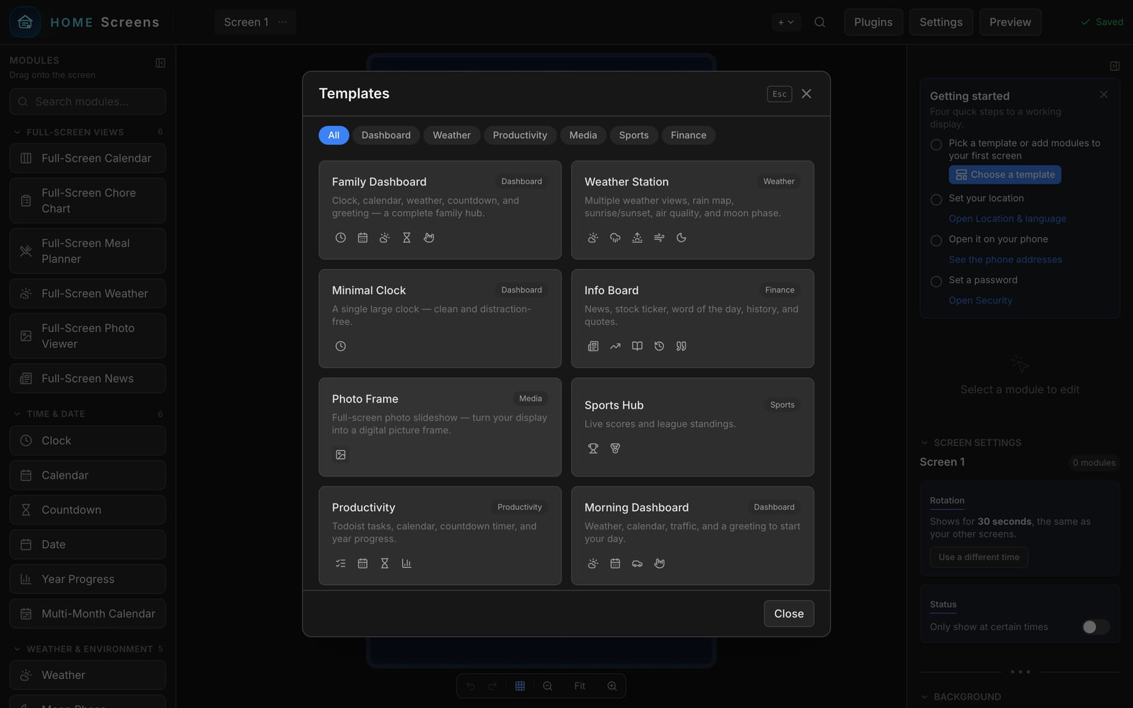 The template picker, opened from the empty screen.