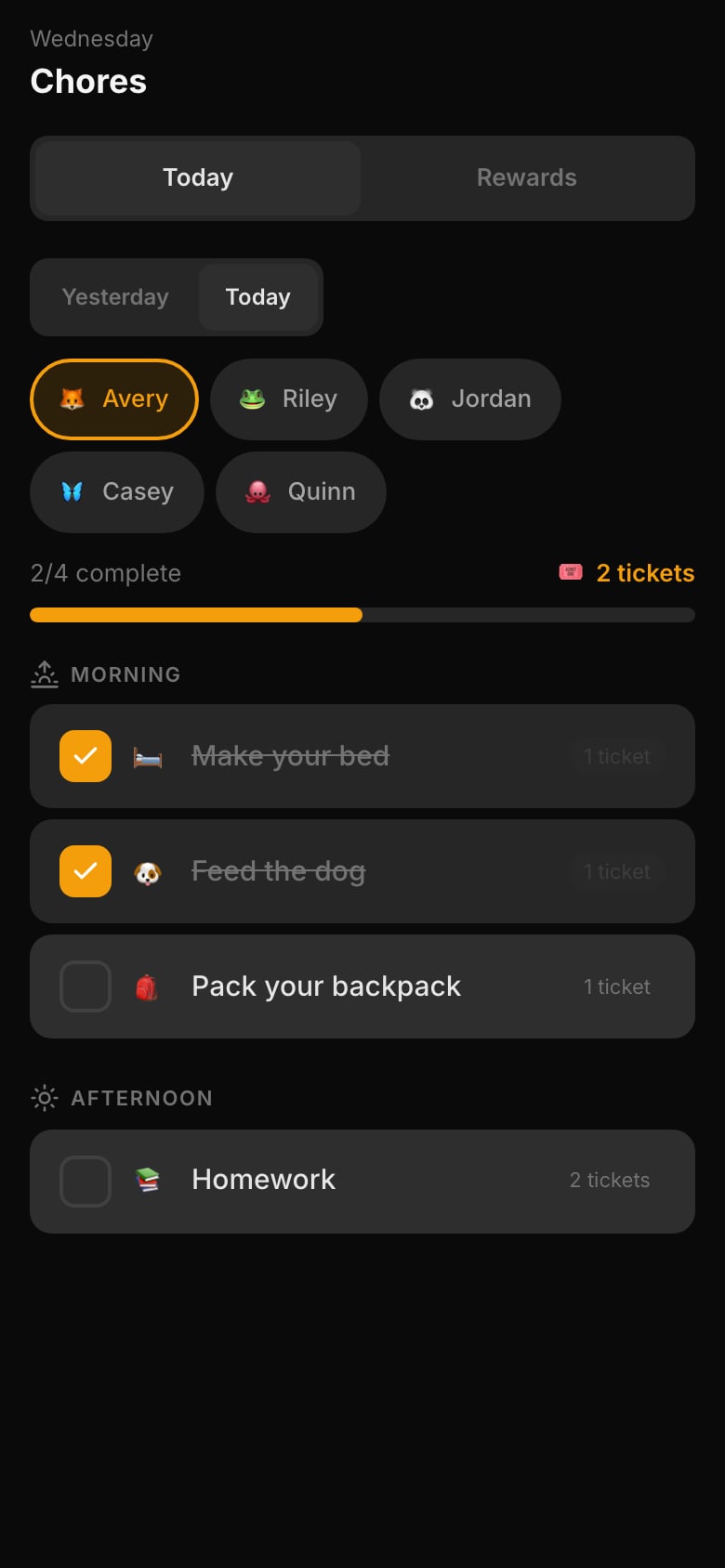 The kids' chores page on a phone: pick your name and check off today's chores.