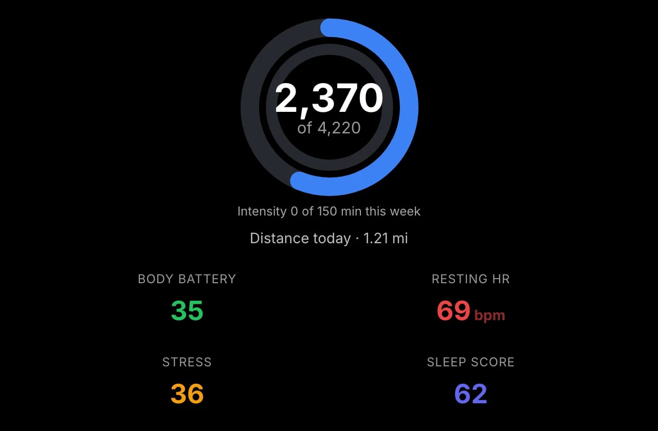 The Garmin plugin's daily summary view: steps, sleep, Body Battery and the latest activity.