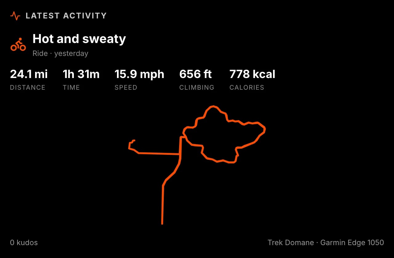 The Strava plugin's latest activity view with a route map.