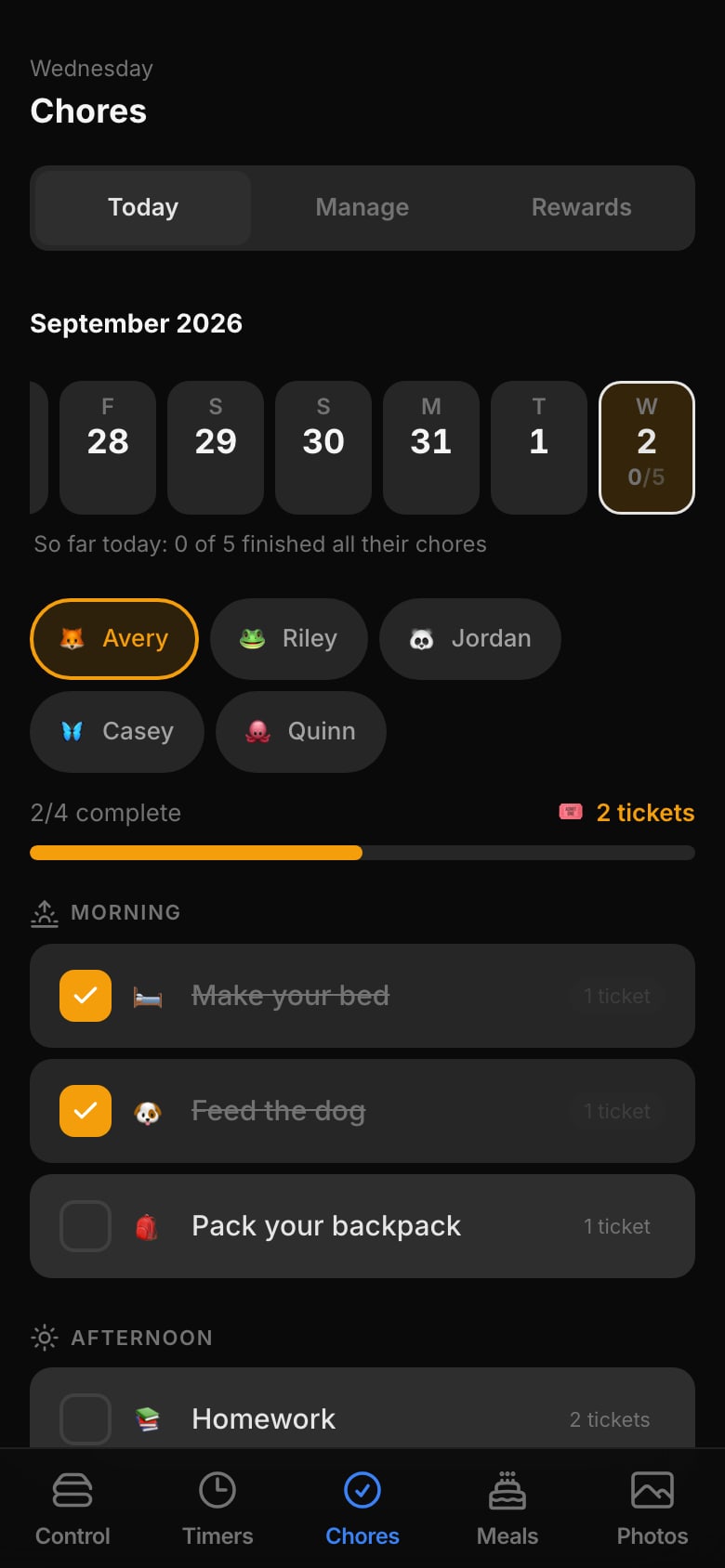 The family remote's Chores tab.