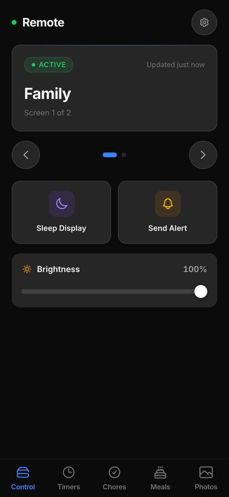 The family remote's Control tab: which screen is showing, brightness, wake and sleep.