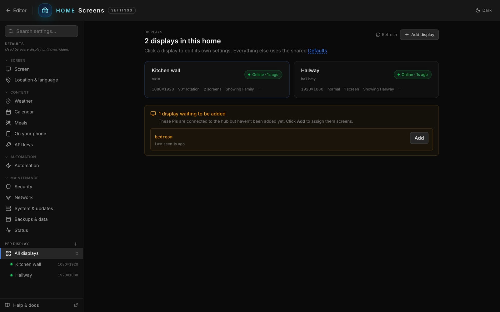 The All displays page: one card per display, and a new display waiting to be added.