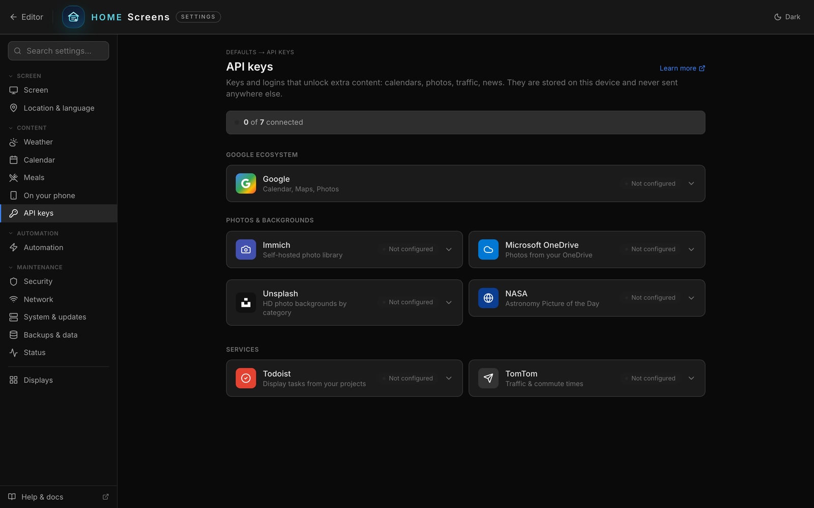 The API keys page, one card per service.