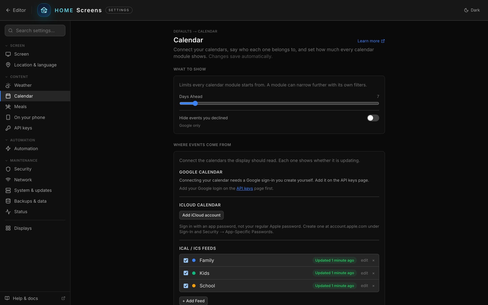 The Calendar page: iCal feeds, Google sign-in and iCloud accounts.
