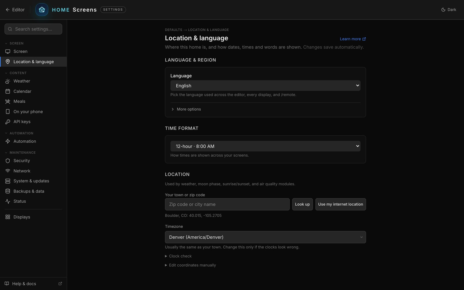 The Location & language page, where you type your town or zip code.