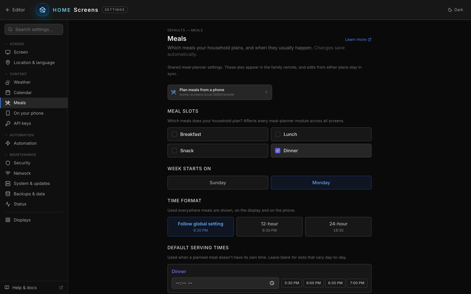 The Meals page with the shared meal-planner settings.