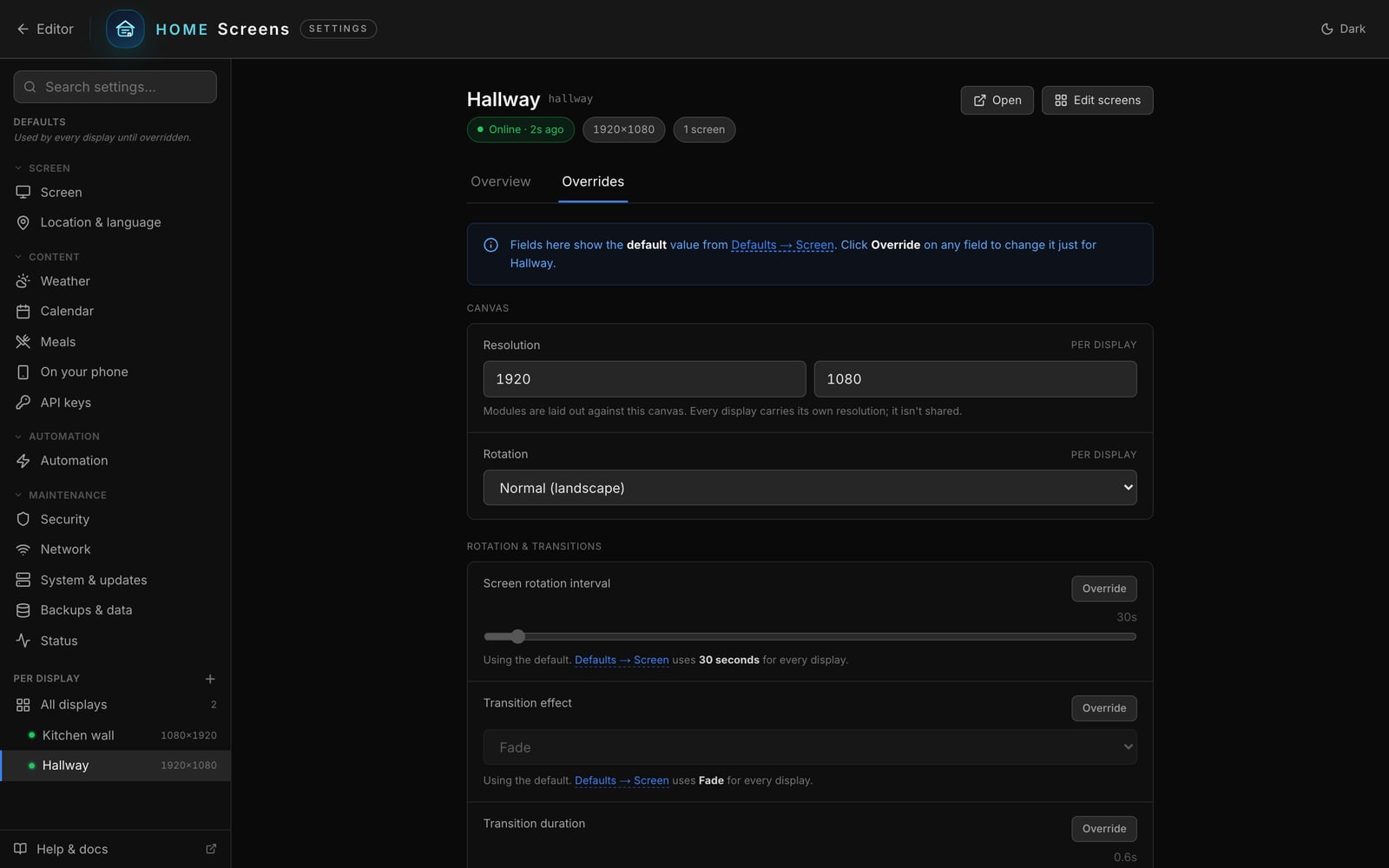 One display's own settings page, with Override and Reset to default on each row.