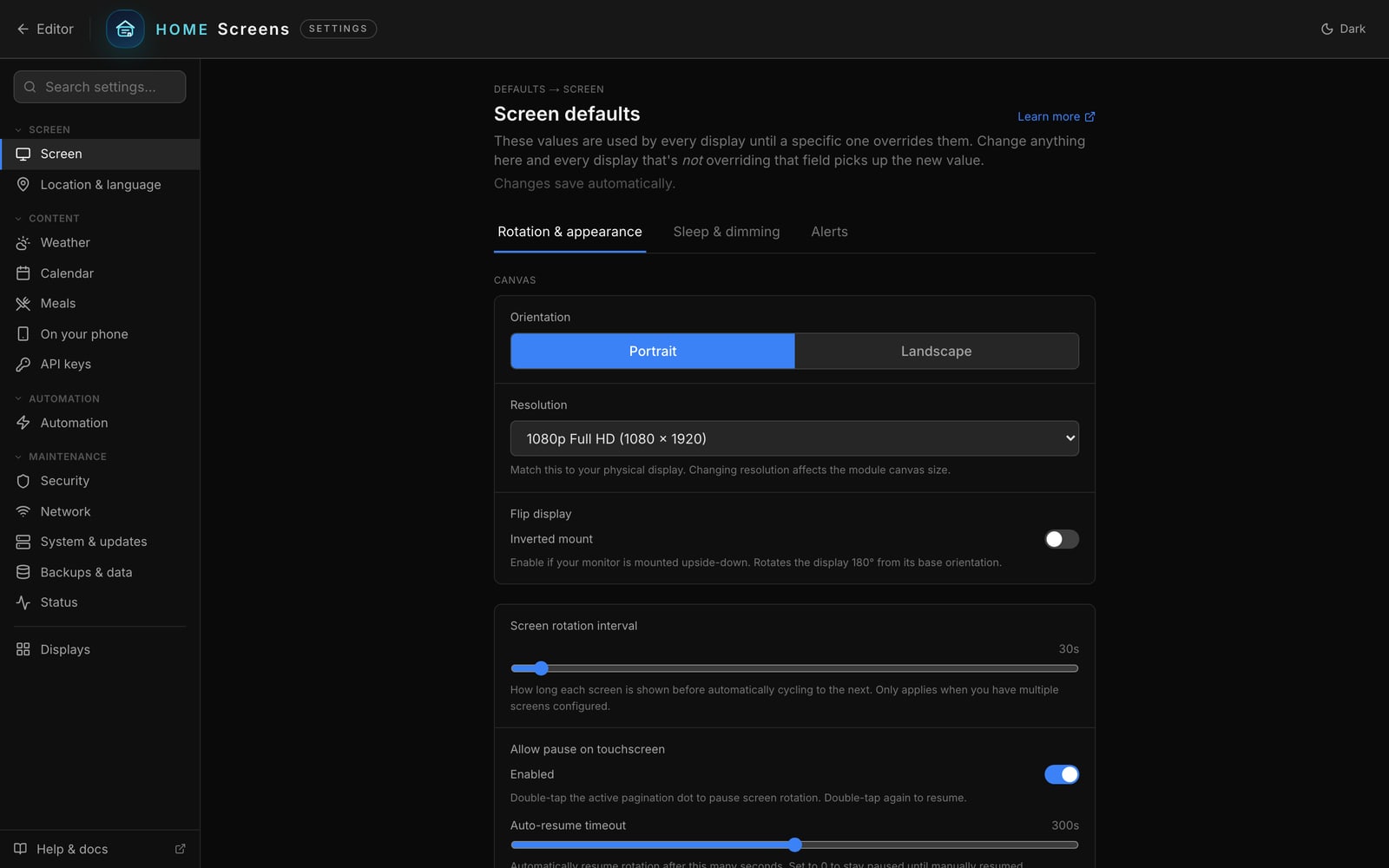 Settings, opened on the Screen page. The sidebar groups pages under Screen, Content, Automation and Maintenance.